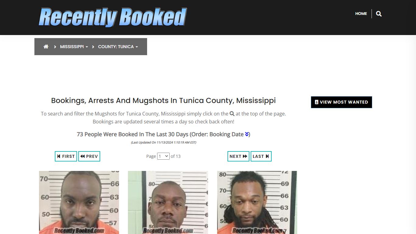 Bookings, Arrests and Mugshots in Tunica County, Mississippi