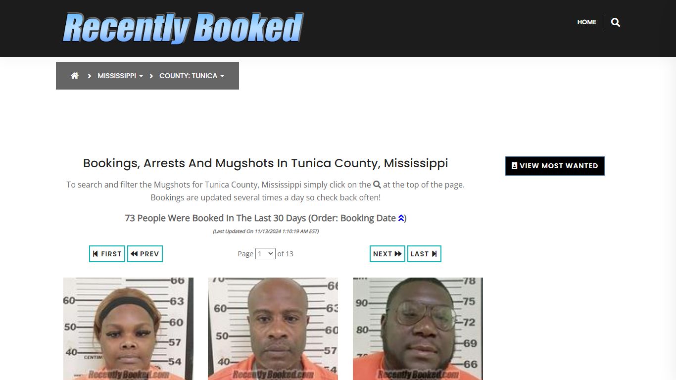 Bookings, Arrests and Mugshots in Tunica County, Mississippi